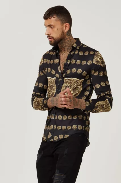 Hermano long sleeve shirt Mens Black Gold tiger print Thirt Size Large