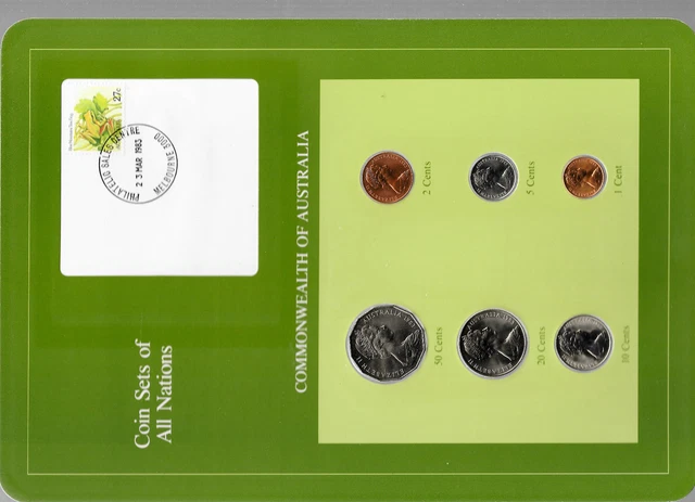 Coin Sets of All Nations Australia w/card 50,20,10,5,1 cent 1983 UNC 2 cent 1982