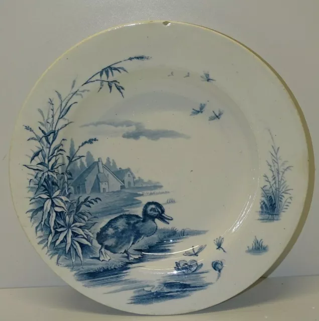 -BELLE ANCIENNE ASSIETTE céramique GIEN demi creuse CANARD BLEU collection déco