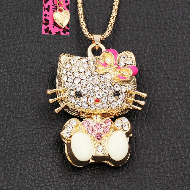 Betsey Johnson Enamel Crystal Cute Cat Kitten Pendant Sweater Chain Necklace