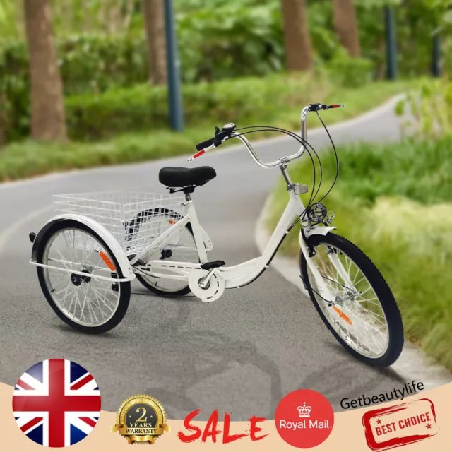 24"Adult Elder People Tricycle 6 Speed 3-Wheel Bicycle Bike Trike White w/Basket