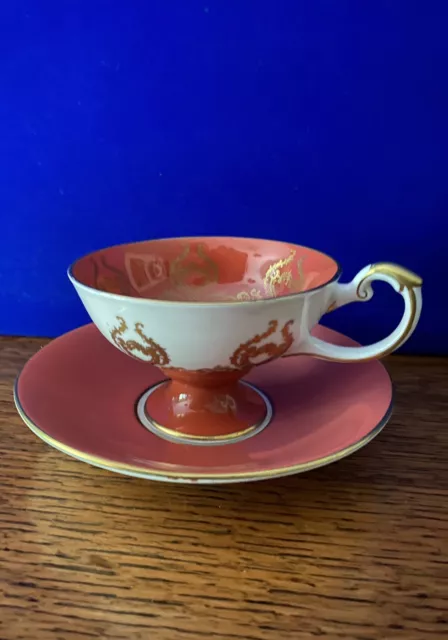 Aynsley Fine English Bone China Red And Gold Teacup And Saucer Fruit Pattern