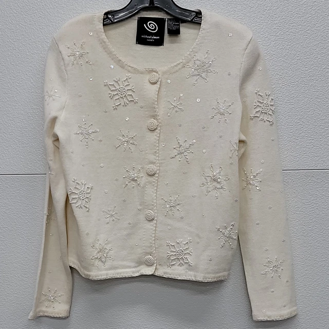 Vtg Michael Simon Event Snowflake White Beaded Holiday Christmas Cardigan Small