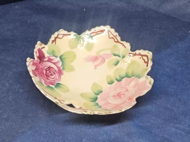 Antique Nippon Japan 7" Leaf-Shaped Bowl Handpainted Pink Floral EUC