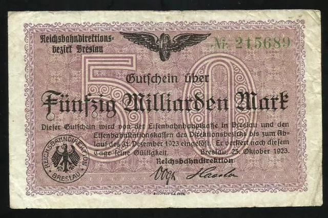 Notgeld Reichsbahn BRESLAU  *50 Milliarden Mark* 25.10.1923 -  KN über 200 000