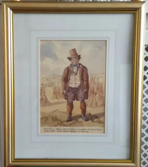19th Century School Antique Watercolour Humorous Farmer With Corn