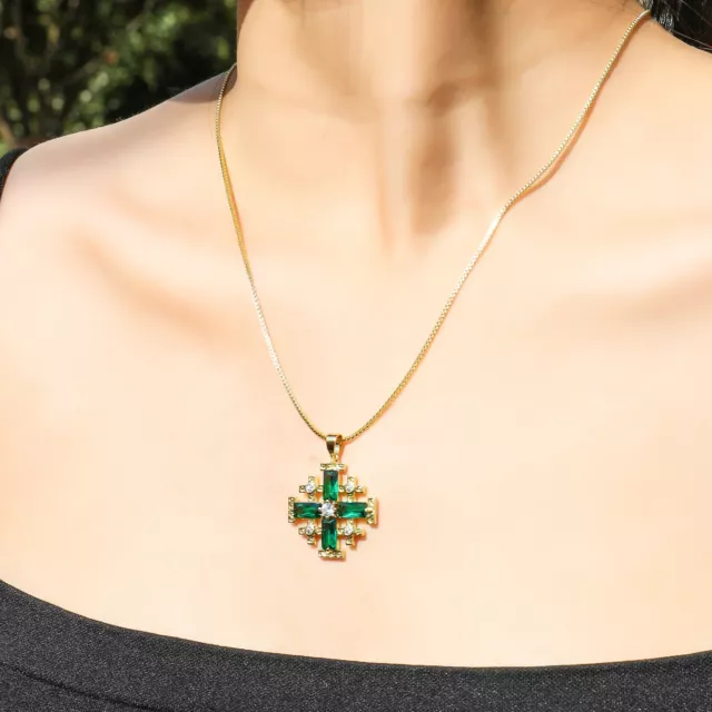 Green Topaz Jerusalem Cross Crusaders Pendant Necklace Gold Plated 18k 2