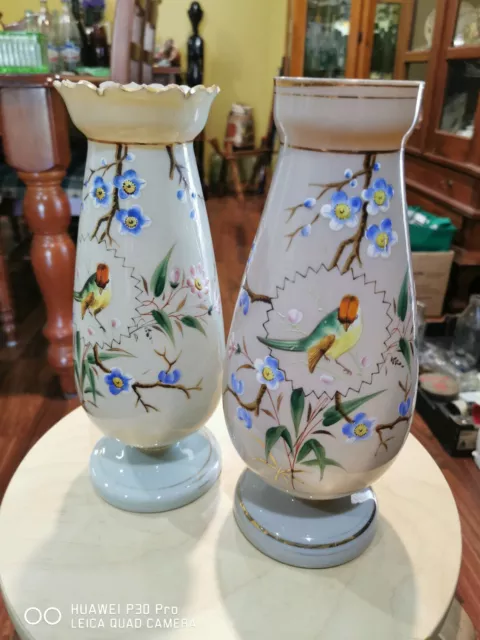 Pair  Hand Painted Bird design  Victorian Vases 19th Century