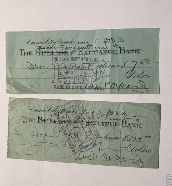 Lot 2 C1903 Bullion and Exchange Bank, Carson City NV Bank Checks