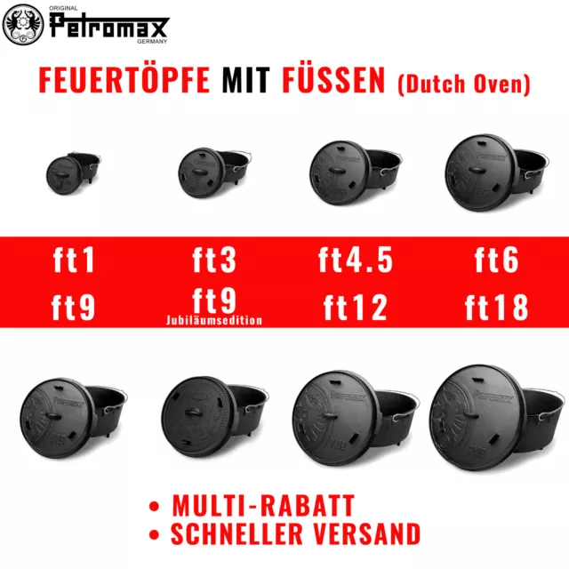 Petromax Feuertopf Dutch Oven Gusseisen Deckel Schmortopf BBQ mit Füßen Grill