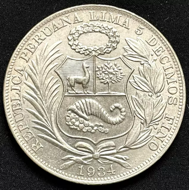 1934 Silver Peru 1 Sol Seated Liberty Coin Lima Mint Condition Uncirculated
