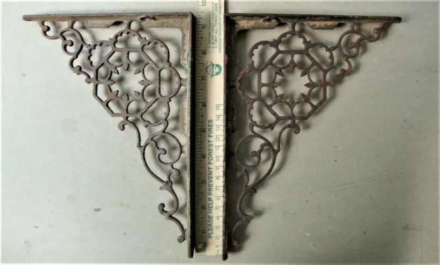 Pair Antique Ornate Cast Iron Floret Filigree Scroll Corbel Right Angle Brackets