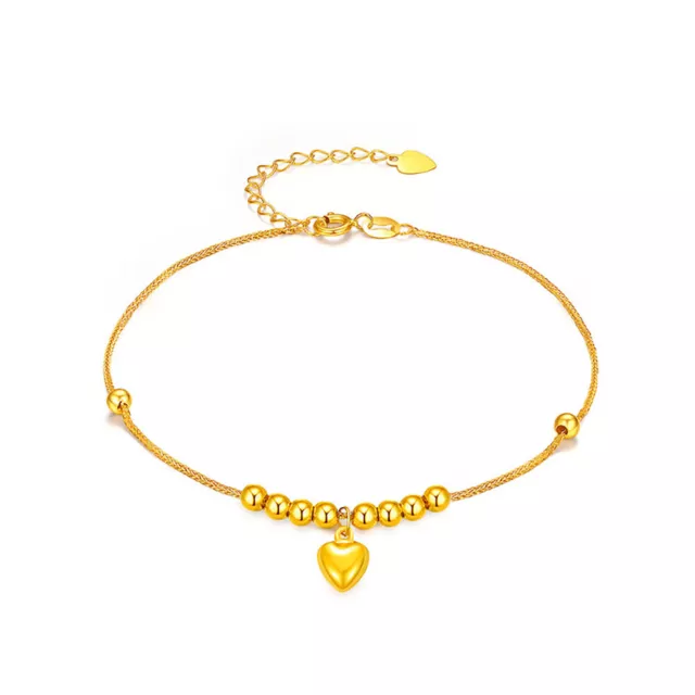 18K Solid Gold Chopin Chain Bracelet Bead Loving Heart Charm Jewelry 7.1"