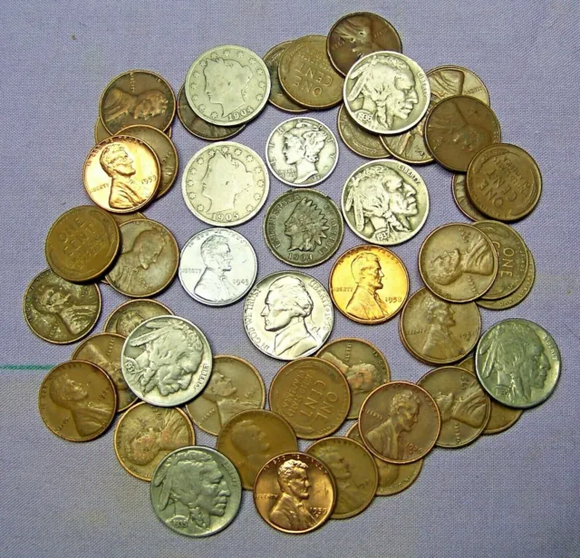 MIX Lot of 55  OLD U.S. Coins with 24K Gold Plated 1943 Steel Cent & Silver Dime