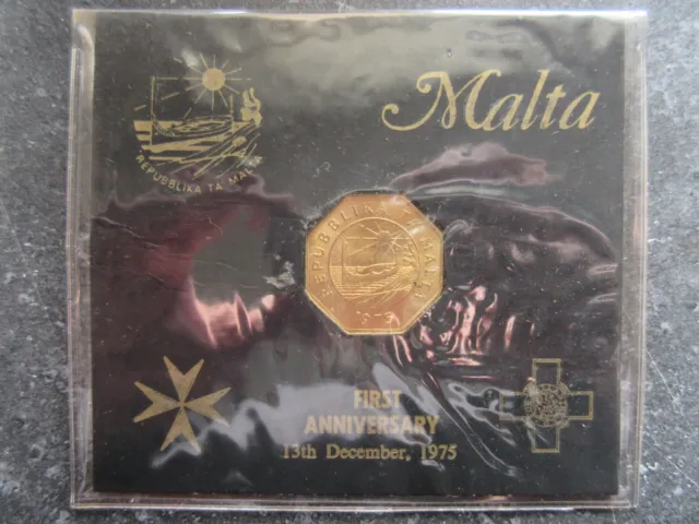 1975 Republic of Malta 25 cent First Anniversary Coin on card