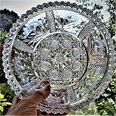 Exceptional Abp Antique 9" Crystal Bowl Signd Clark Floral Panels 8 Hobstar Base