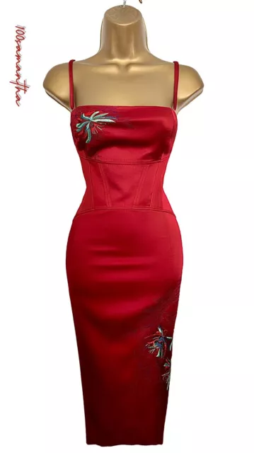 Karen Millen Size UK 14 VINTAGE SILK CORSET STRETCH PENCIL MIDI WIGGLE DRESS RED