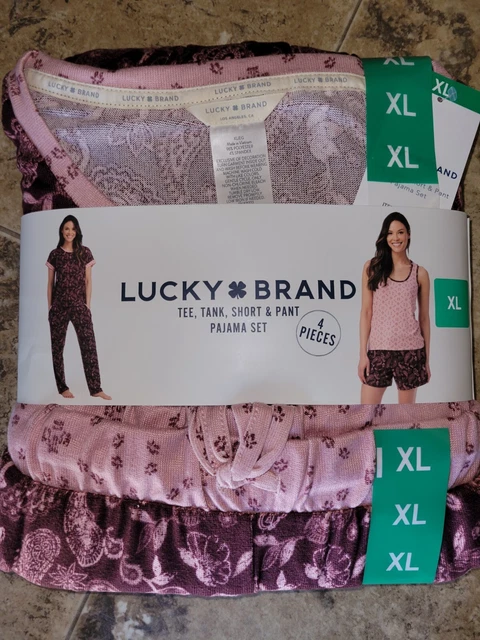 Womens Lucky Brand 4 Piece PJ Set Pajamas Burgundy Paisley X-Large XL