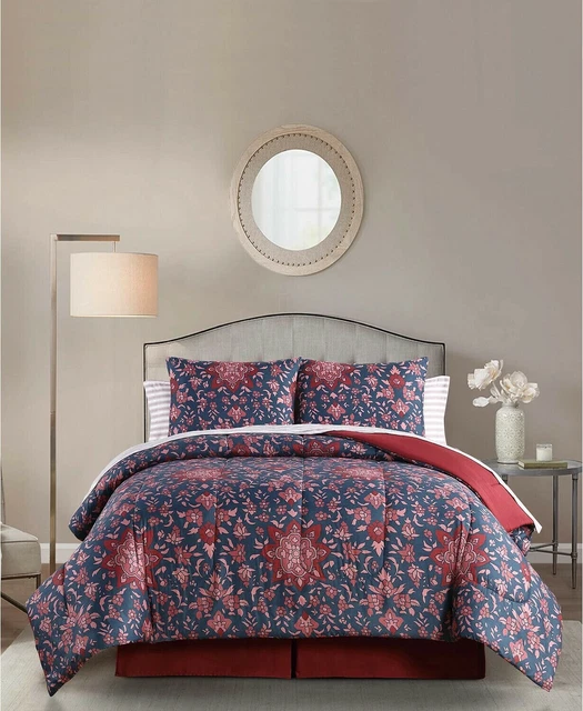 Jessica Sanders SAMANTHA 8 Pc KING COMFORTER SET FLORAL BLUE RED MEDALLION