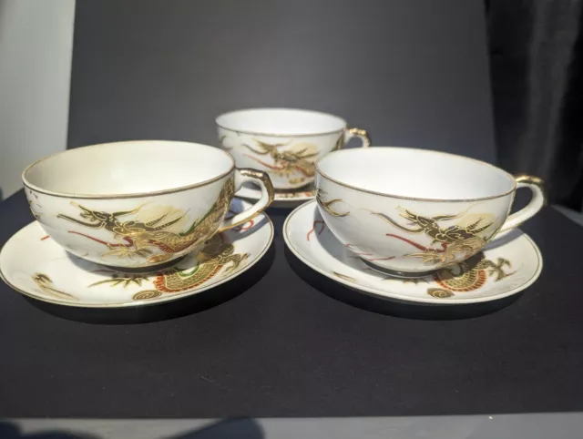 Japanese Lithopane Kutani dragon and Geisha  design tea set hand painted 1930 3