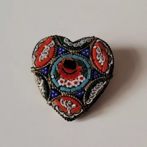 Bijou Ancien Broche Coeur Micro Mosaique Florale Multicolore Metal Argenté # K22