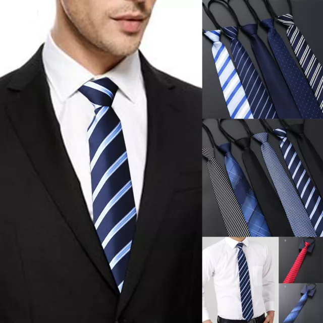 Men Solid Color Ready Knot Pre Tied Formal Zipper Tie Neck Wear Striped Necktie#