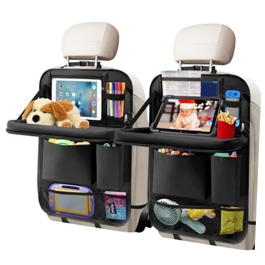 Car Backseat Organizer - 9-Pocket Storage With Tablet Holder (2 Pack + Trays)