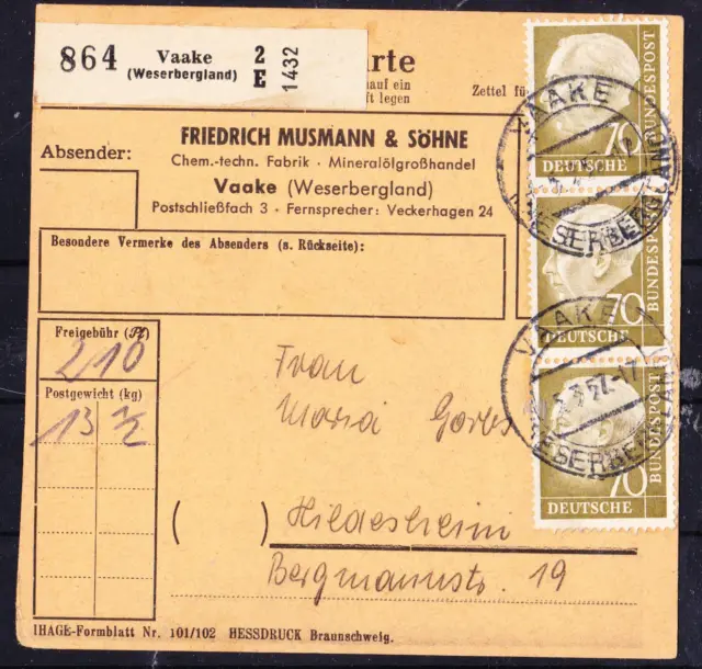 Bund Heuss I, 70Pf, Mi. 191 reine MeF im senkr. 3er-Streifen Paketkarte "Vaake"