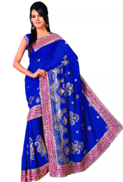 Bleu Bridal Embroidery Bollywood Indien Sari Saree Robe Kaftan Ventre Danse Top