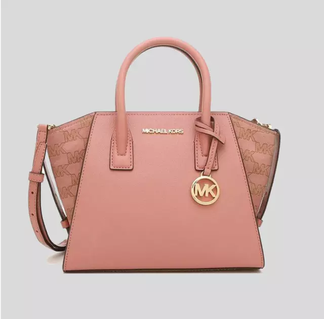 Michael Kors Avril Small Rose Leather Suede Top Zip Satchel Crossbody Handbag