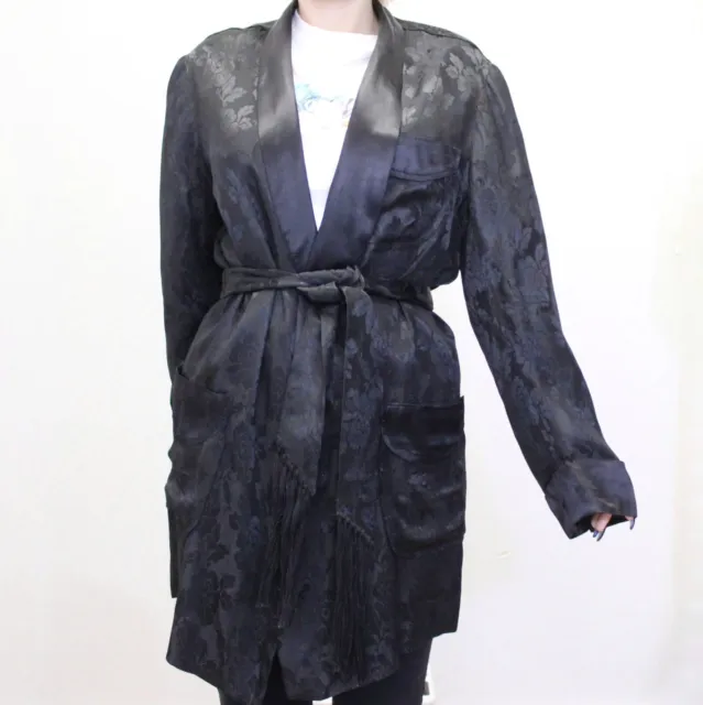 Vintage 50s Smoking Jacket Floral Black Embossed Robe with Fringe Belt