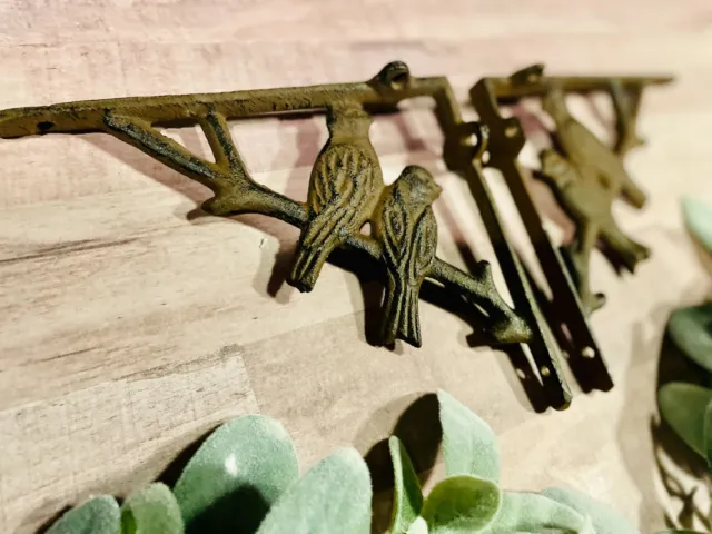 Pair 2 Cast Iron Antique-Rust Brown BIRD on BRANCH Brackets Braces Shelf corbels