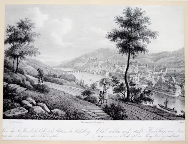 c1830 Heidelberg Philosophenweg Gesamtansicht Litho Faure Graimberg