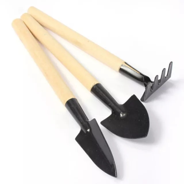 3Pcs Mini Garden Plant Tools Set with Wooden Handle Gardening Shovel Rake Spade 2