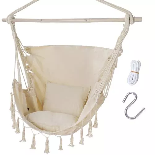 Hammock Chair Hanging Rope Swing,2 Cushions Included,Max 500 Lbs,Sturdy & Safe