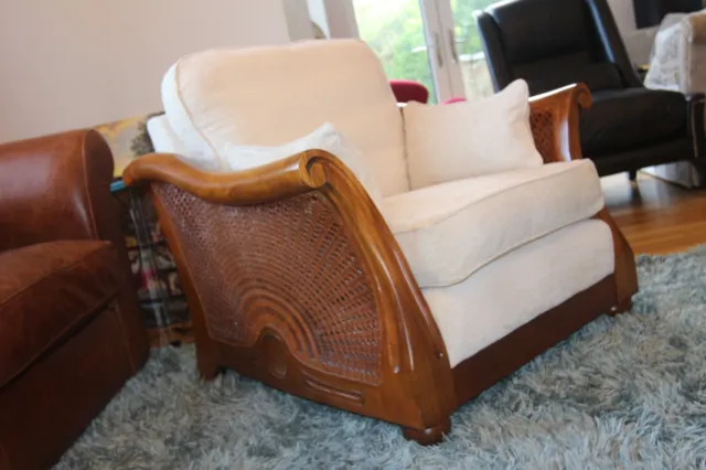 Handmade multiyork armchair carved wooden bergere rattan, cost new£2500 2