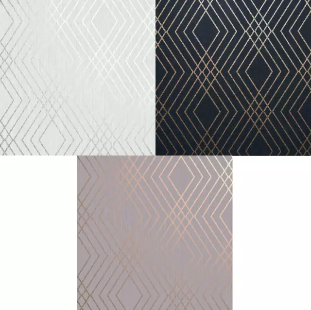 Fine Decor Shard Trellis Metallic Geometric Wallpaper -Silver - Rose Gold - Navy