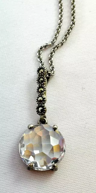 Faceted Crystal Sterling Silver 925 & Marcasite Pendant Necklace