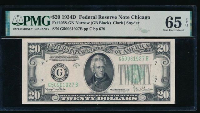 AC 1934D $20 Chicago Narrow FRN PMG 65 EPQ Fr 2058-G GEM UNCIRCULATED