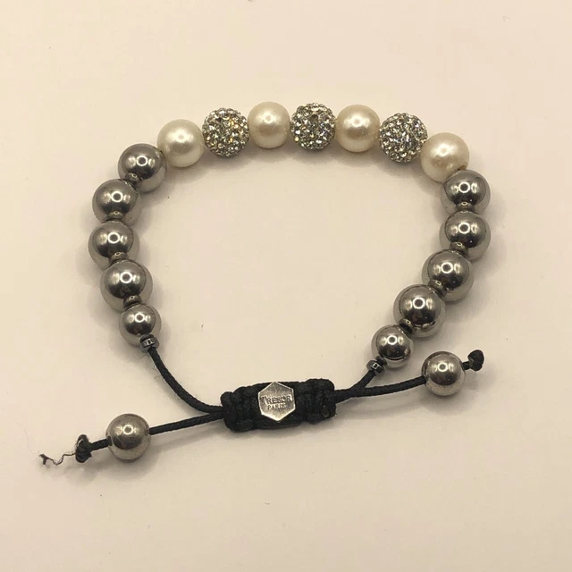 Tresor Paris Beaded Bracelet Crystal Diamante Faux Pearl Metal Bead Black Thread