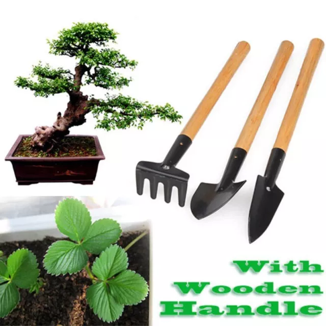 3Pcs Mini Garden Plant Tools Set with Wooden Handle Gardening Shovel Rake Spade 3