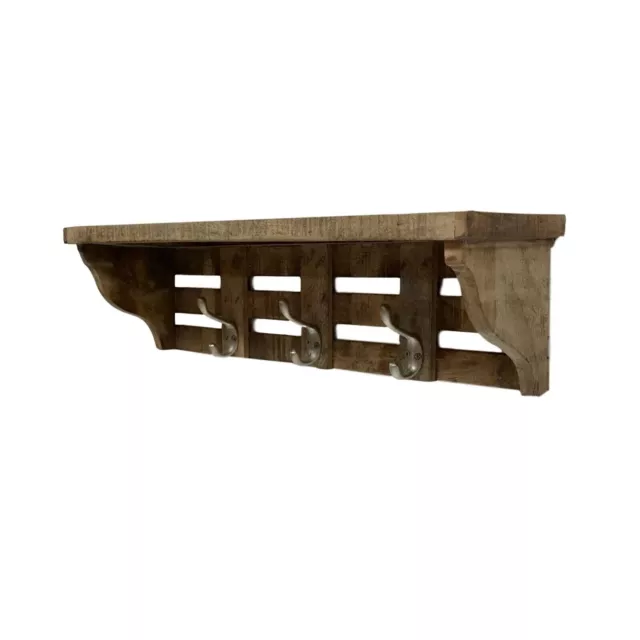 Rustic Wood Wall Mounted Coat Rack Entryway Hanging Shelf 3 Hooks Brown 2