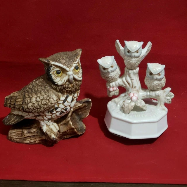 Vtg Homco 1114 Ceramic Owl & Music Box 3 Baby Owls Made in Taiwan