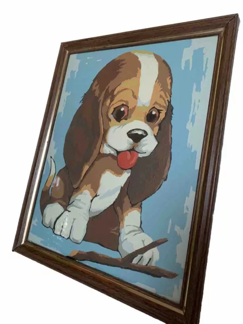 Retro 70’s Bassett Hound Puppy Dog W/ Stick Completed Paint by Number Framed 3