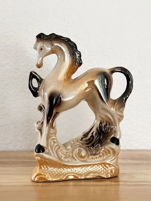 Vintage Lusterware Ceramic Prancing Horse Figurine Statue Orange Made In Brazil.