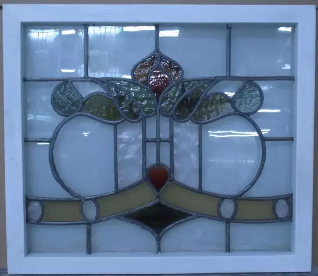MIDSIZE OLD ENGLISH LEADED STAINED GLASS WINDOW COLORFUL FLORAL 26" x 22 1/2"