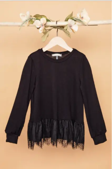 Girls Black Knit Lace Hem Sweater