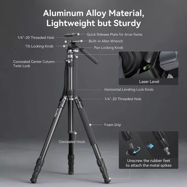 SmallRig 72" Camera Tripod Video Tripod Monopod Stand Fluid Head 4 kg Load-4319 2