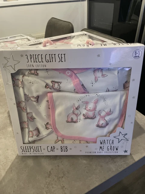 Baby Girl 3 Piece Layette Set In A Gift Box -bunnies  0-3 Months. 100% Cotton.