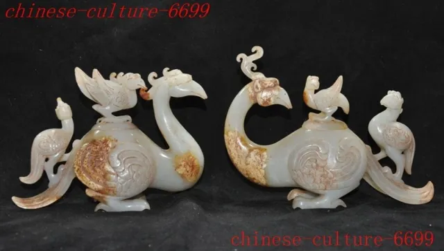 China natural Hetian jade Hand carved animal bird Wine vessel Goblet Cup A pair